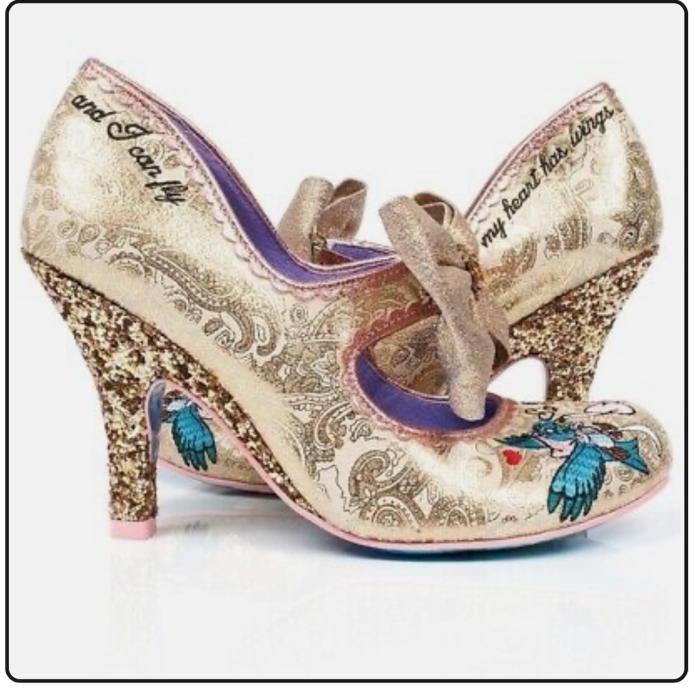 RARE Cinderella Irregular Choice Gold Heels with Bow